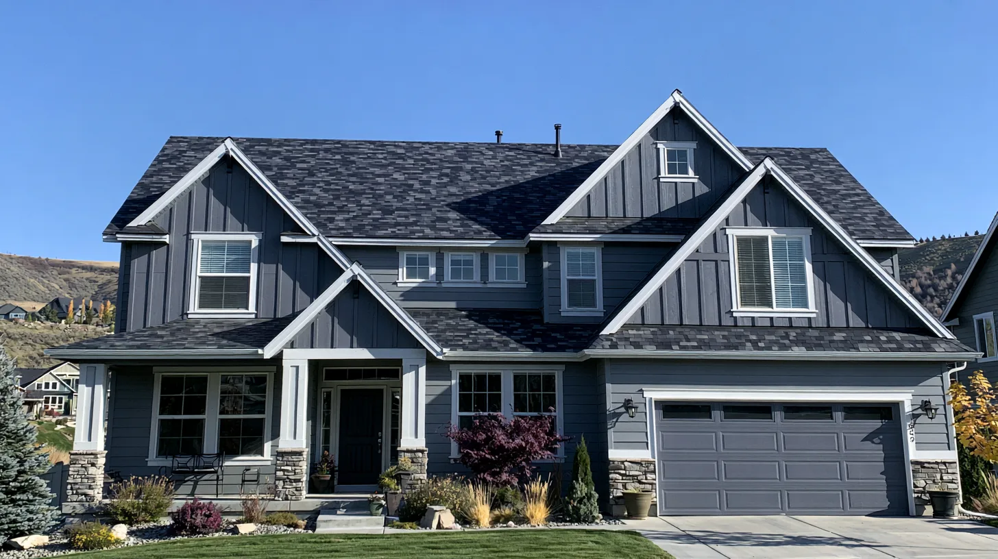 Gray two-story house with continuous charcoal shingles across its roof slopes.
