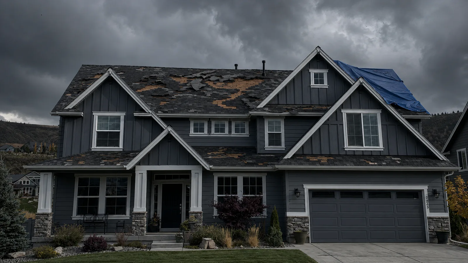 Gray two-story house with missing shingles and a tarp on an upper roof slope.