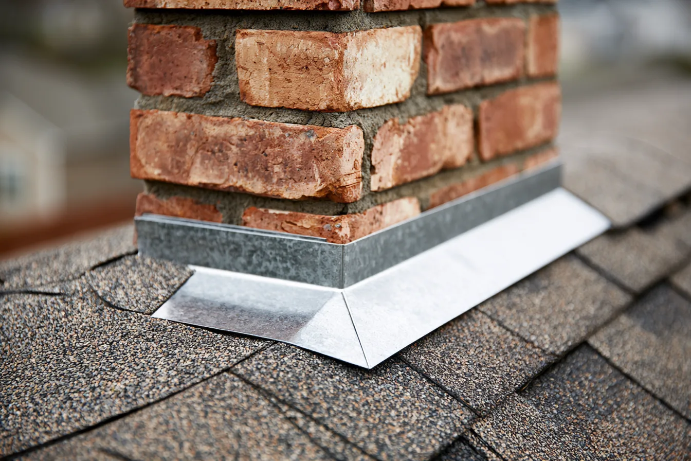 Metal flashing around a brick chimney base on an asphalt shingle roof