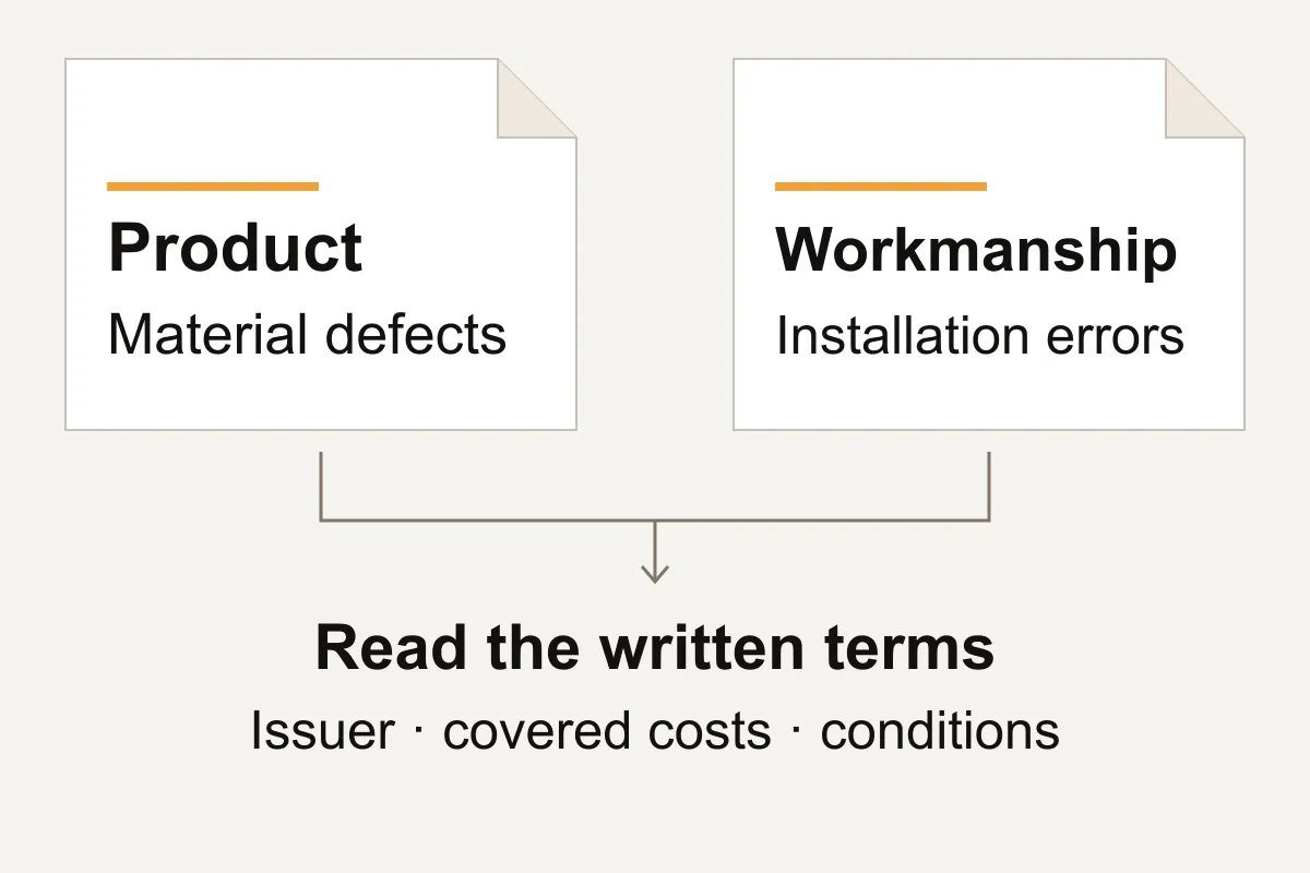 Diagram separating product coverage for material defects from workmanship coverage for installation errors; written terms define the issuer, covered costs and conditions