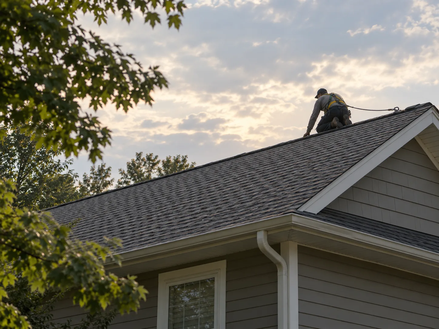 Editorial illustration of an anonymous backlit roofer beside a gable on a shingled house roof