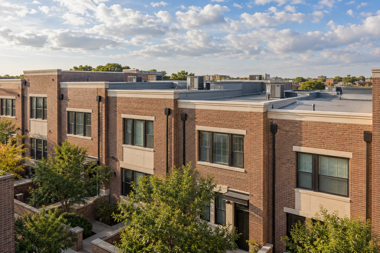 Illustration of connected brick townhome buildings with low-slope roofs, parapets and rooftop equipment