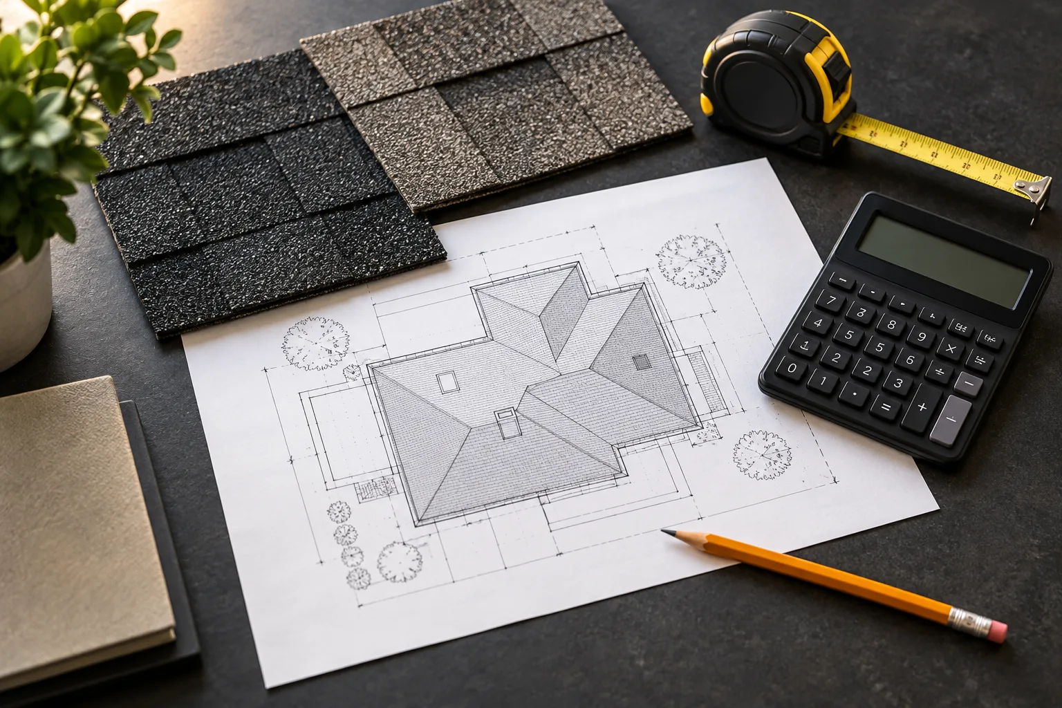 Illustrative roofing budget desk with calculator, roof plan, tape measure and shingle samples
