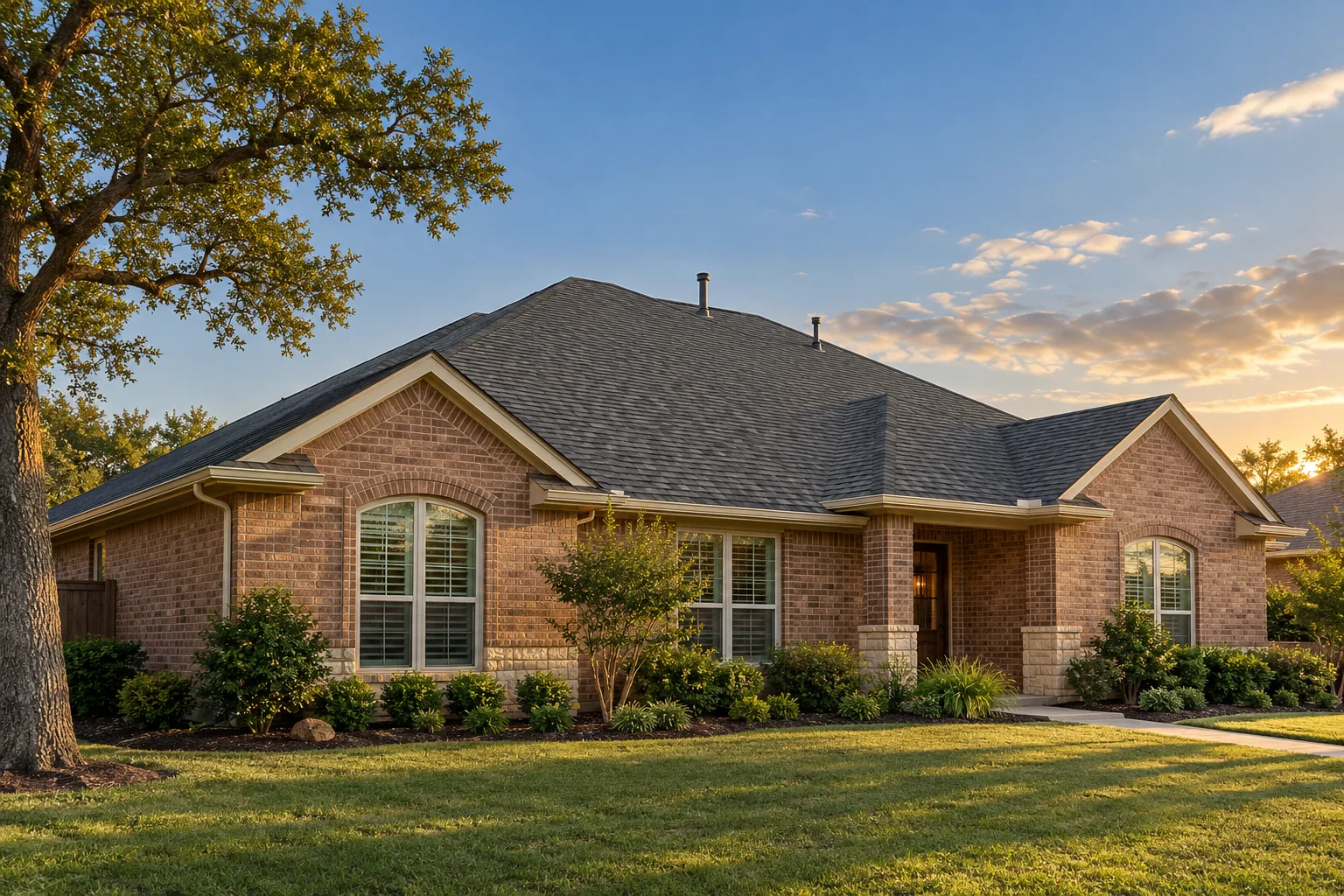 Illustrative brick home with a broad charcoal hip-and-gable roof in afternoon light
